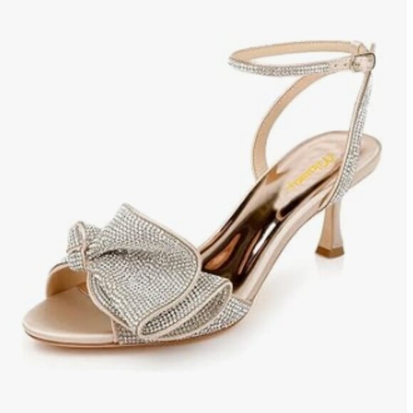 Milooey Shoes - Milooey Gold Glitter Rhinestone Bow Elegant Crystal Ankle Strap Mid Heels Sandal